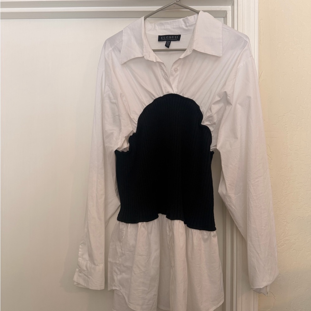 Eloquii White Button-Down Shirt with Black Ribbed Bustier Overlay